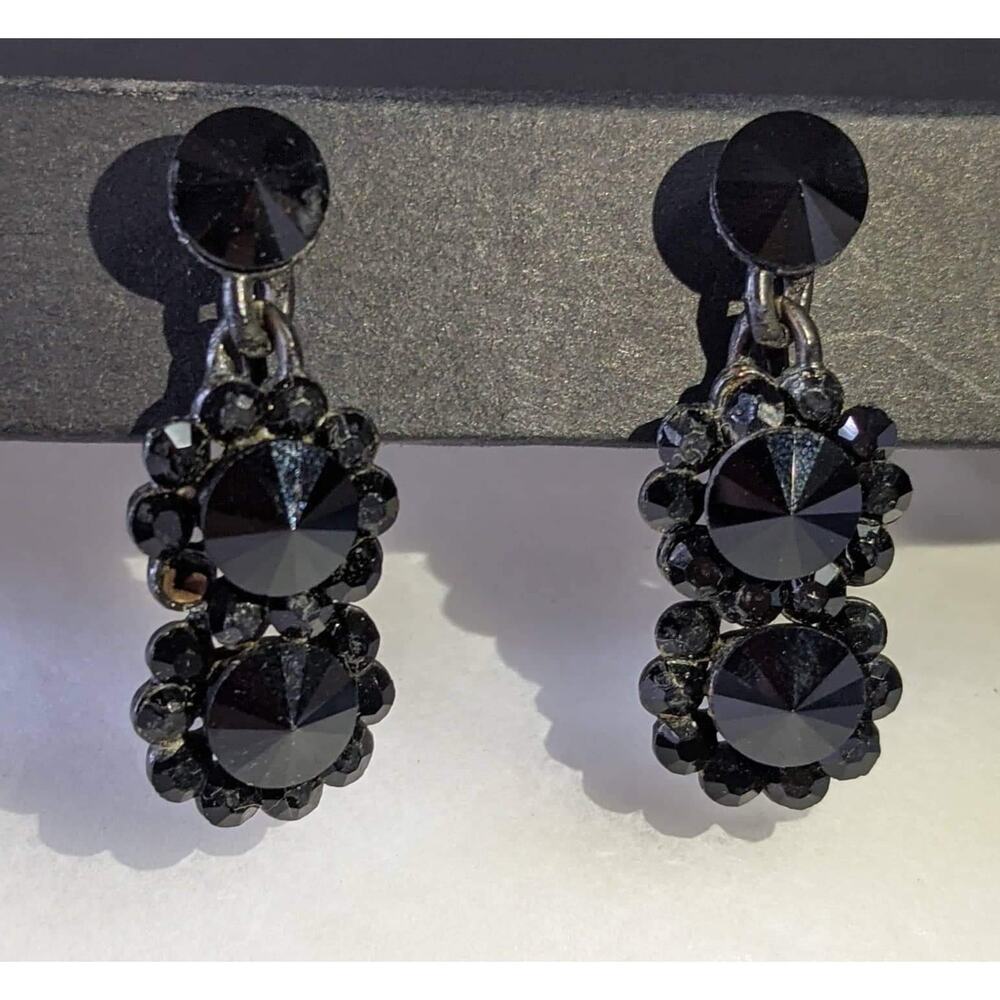 Vintage Black Glass Mourning Stud Dangle Clip On Earrings